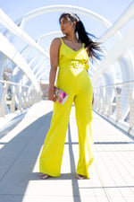 citron yellow ruffle, front layered flounce belted jumpsuit with spaghetti straps wide flared leg 