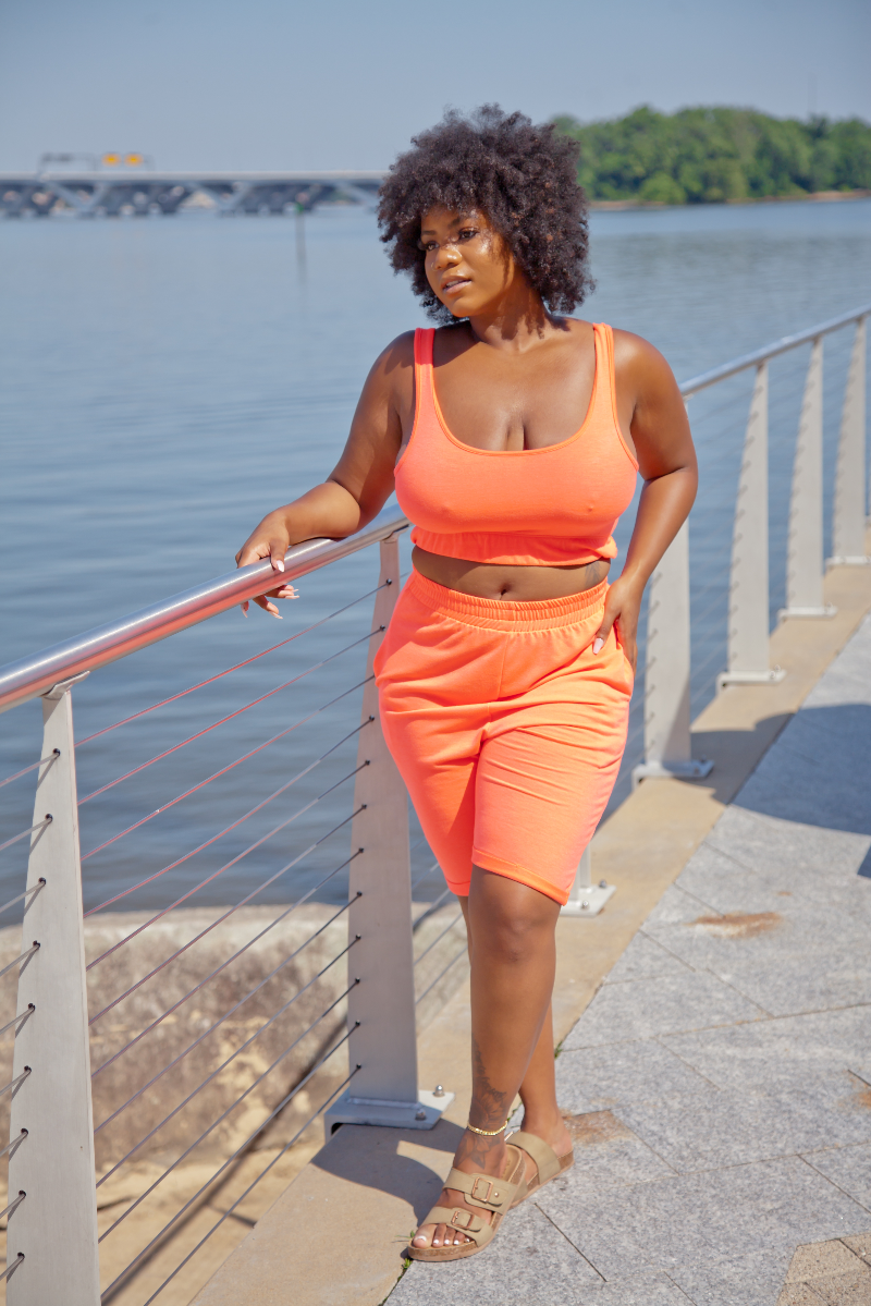 neon orange soft French Terry crop top and cuffed hem jogger shorts set. 