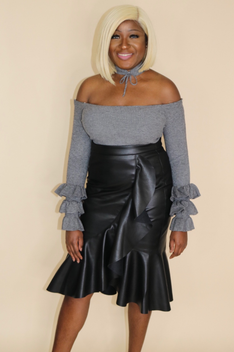 Black leather skirt frill best sale